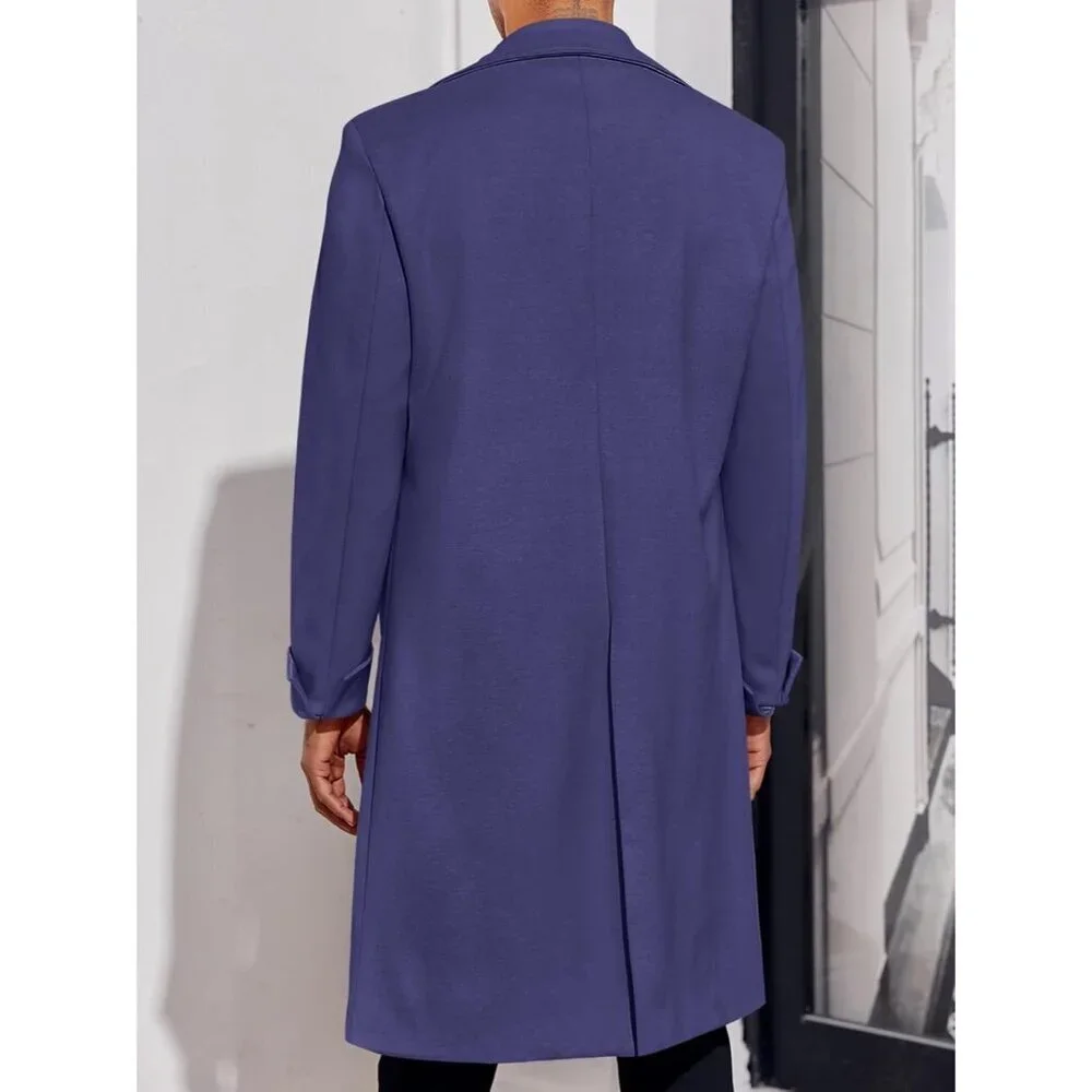 Men's Navy Blue Notch Lapel Double Breasted Trench Coat Cotton Blend Pea coat